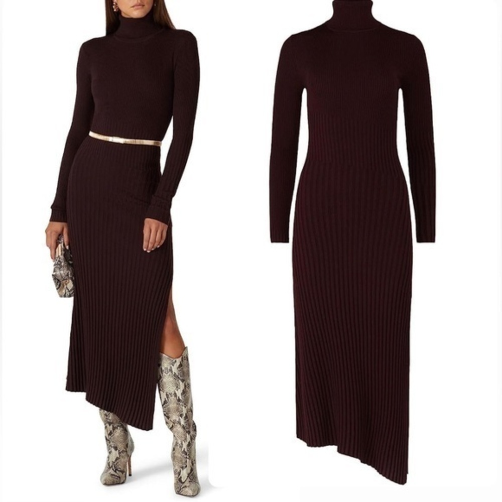 A.L.C. Ribbed Turtleneck Long Sleeve Asymmetric Maxi Dress in Dark Brown